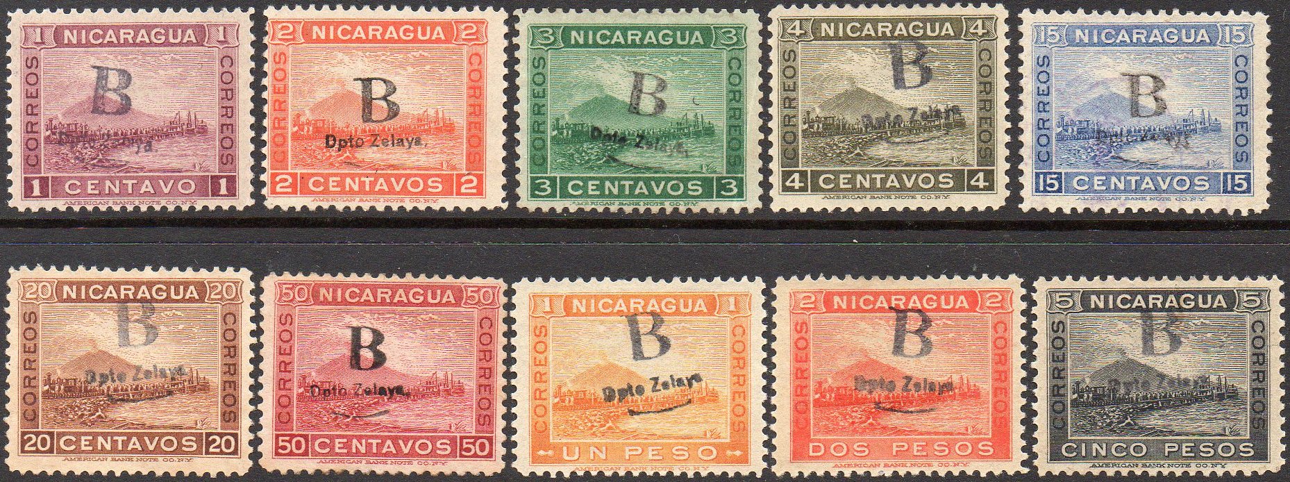 timbres-poste sellos postales stamps Nicaragua Zelaya Bluefields Momotombo Volcano & Train